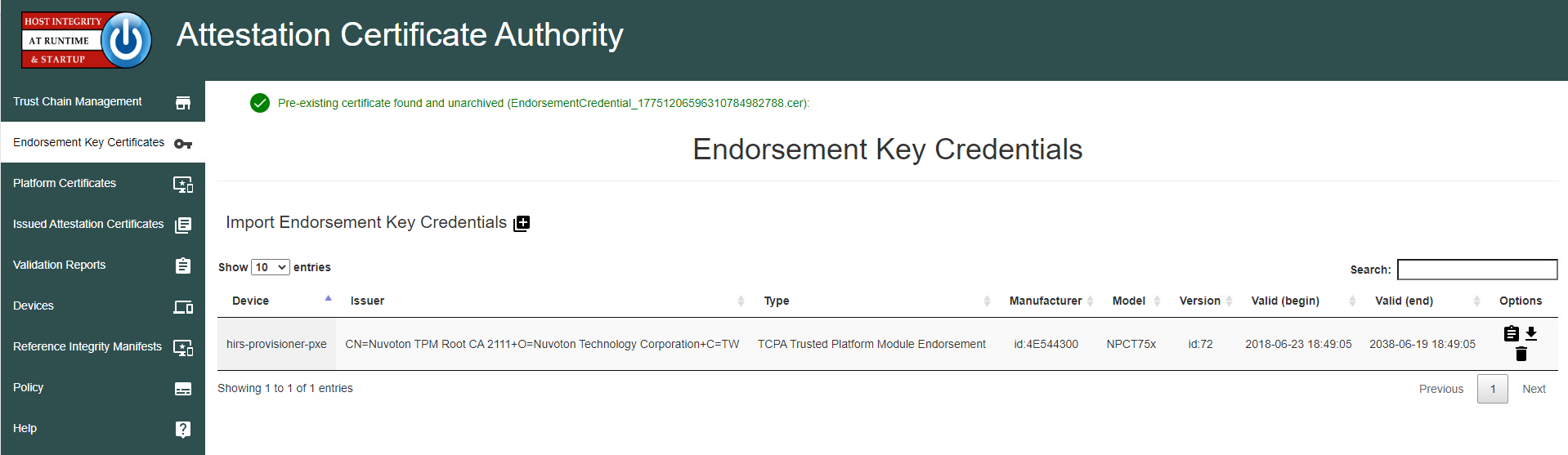 Screenshot of displaying a list of endorsement key certificates under Endorsement Key Credentials