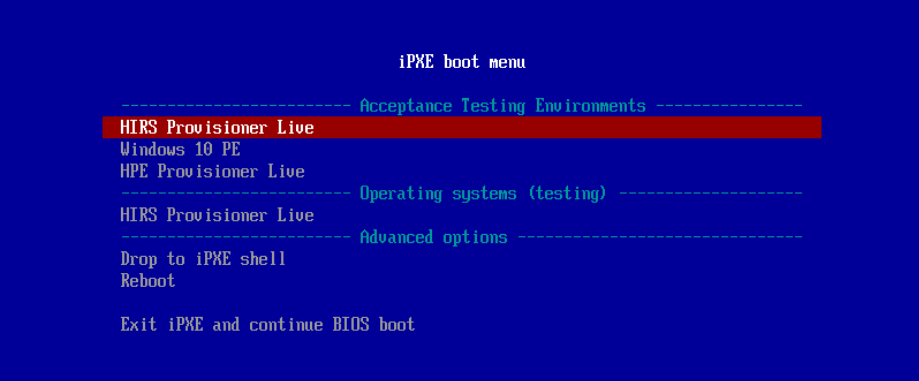 Screenshot of the iPXE boot menu