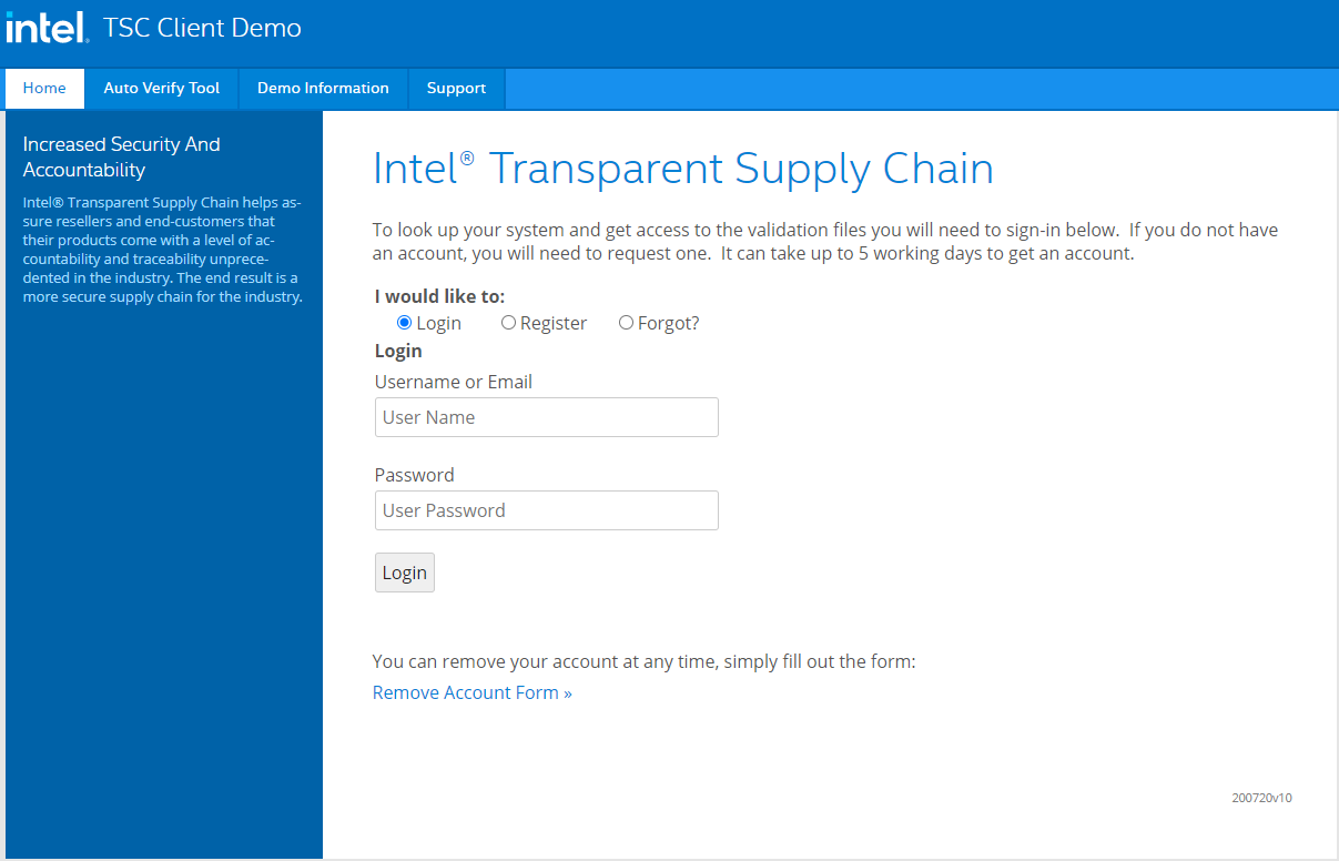 Screenshot of the Intel TSC Client Demo portal page