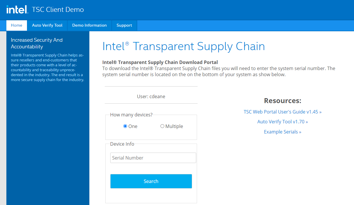 Screenshot of searching for a laptop by serial number from the Intel TSC Client Demo portal page