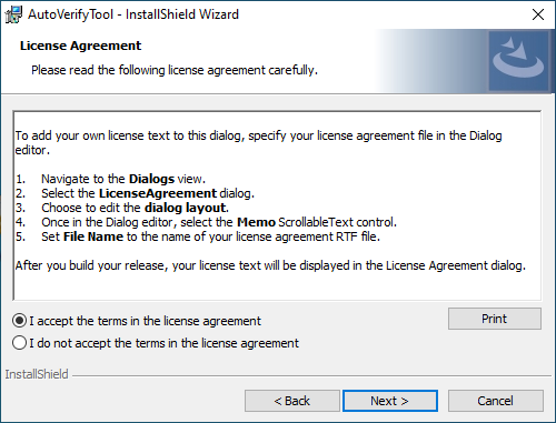 Screenshot of the license agreement for the AutoVerifyTool installation wizard