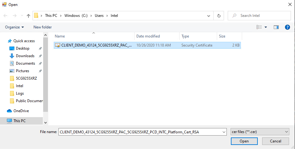 Screenshot of opening a platform certificate file