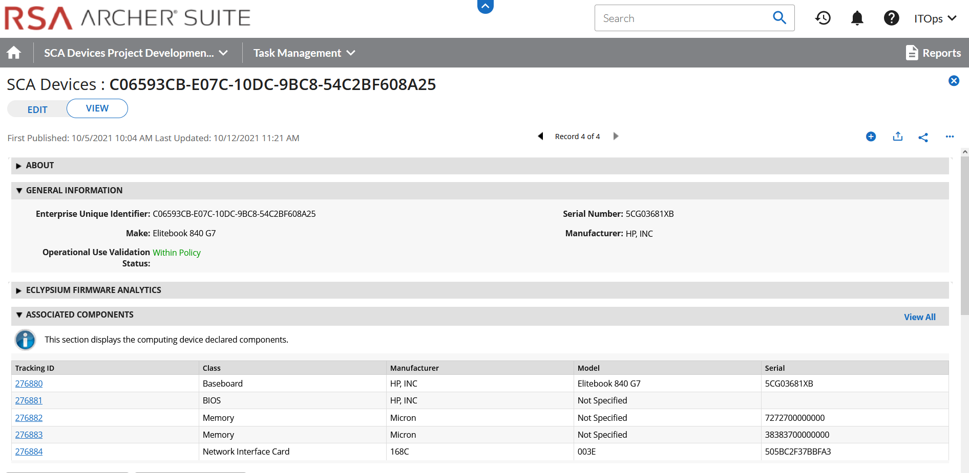 Screenshot of an asset inventory from RSA Archer