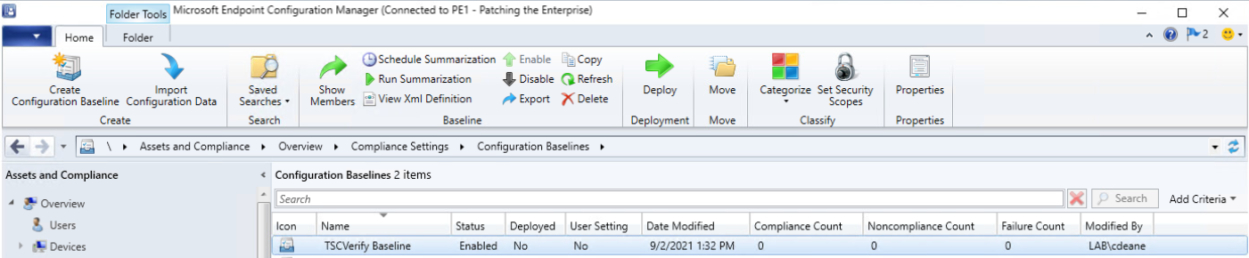 Screenshot of listing the Configuration Baselines from Microsoft Endpoint Configuration Manager