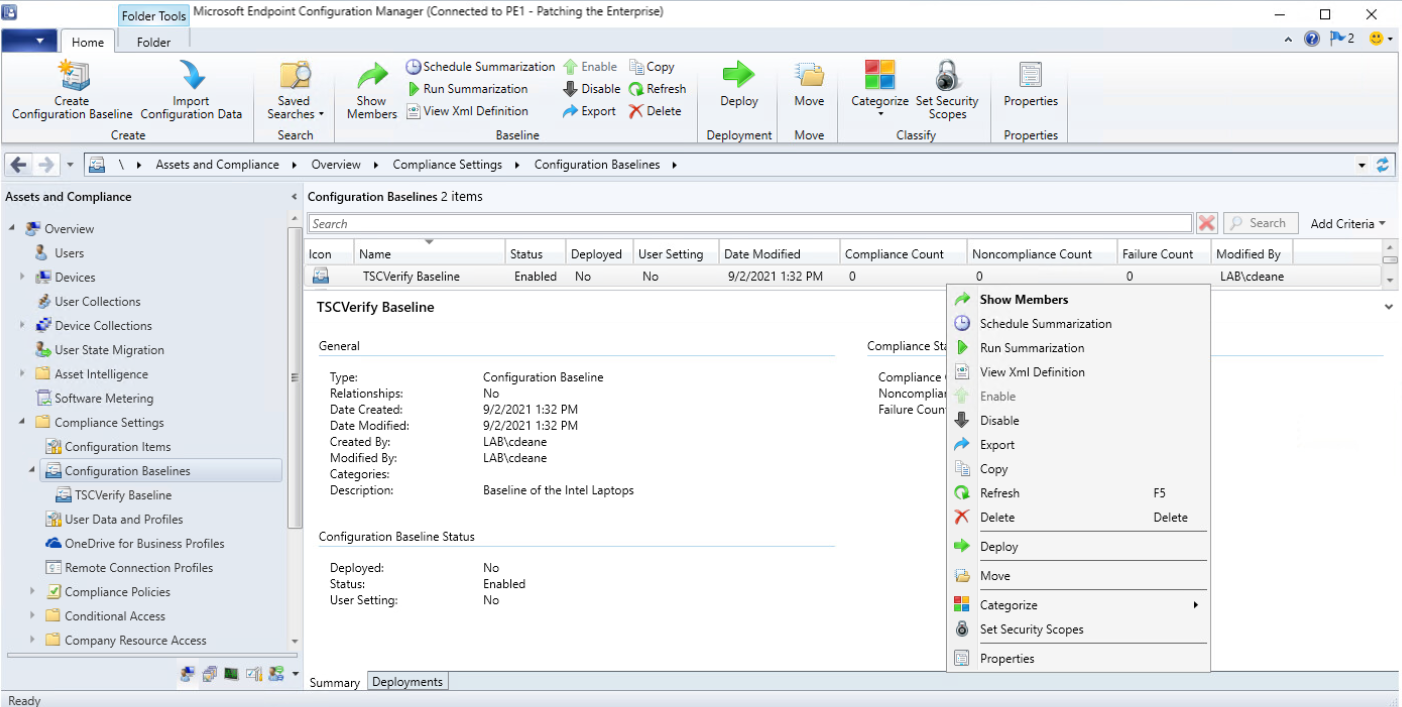 Screenshot of deploying a configuration baseline from Microsoft Endpoint Configuration Manager