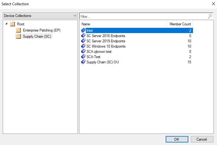 Screenshot of selecting a device collection from Microsoft Endpoint Configuration Manager