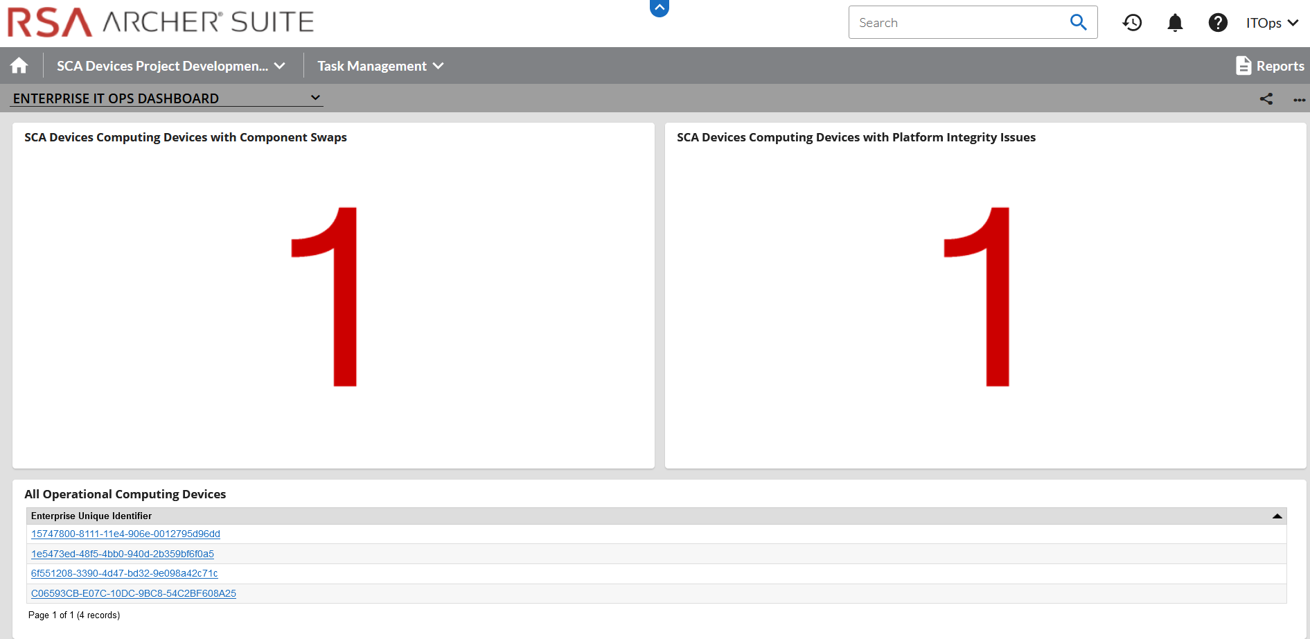 Screenshot of an RSA Archer dashboard when integrity issues are detected