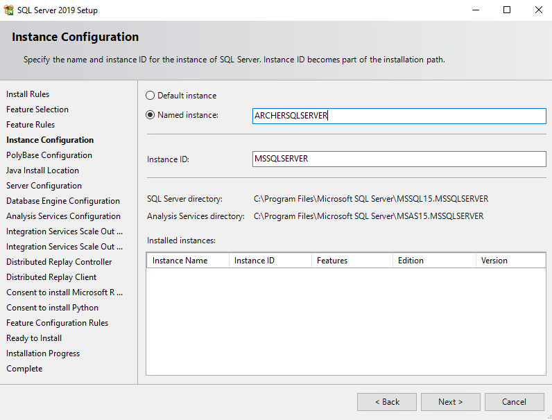 Screenshot of the Instance Configuration screen for SQL Server 2019 Setup