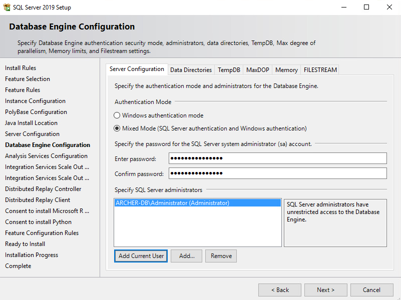 Screenshot of the Database Engine Configuration screen for SQL Server 2019 Setup