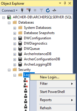 Screenshot of the options from right-clicking on Security in the ARCHERSQLSERVER tree