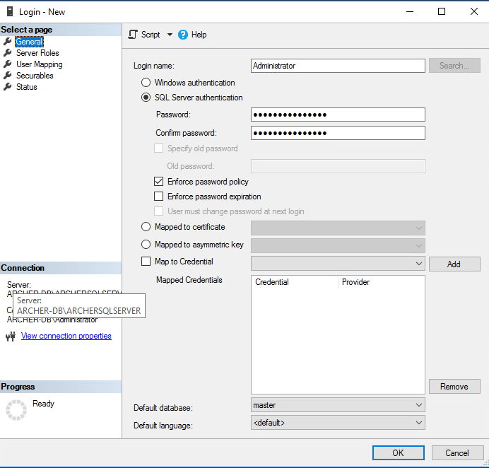 Screenshot of setting the SQL Server Authentication credentials to be used for the RSA Archer installation