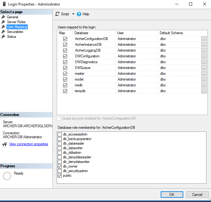Screenshot of setting the default schema and database role membership for each database