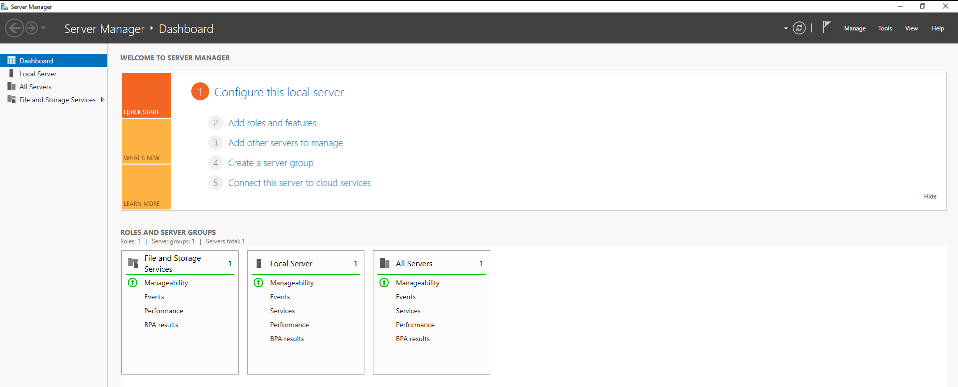 Screenshot of the Server Manager Dashboard on the web server