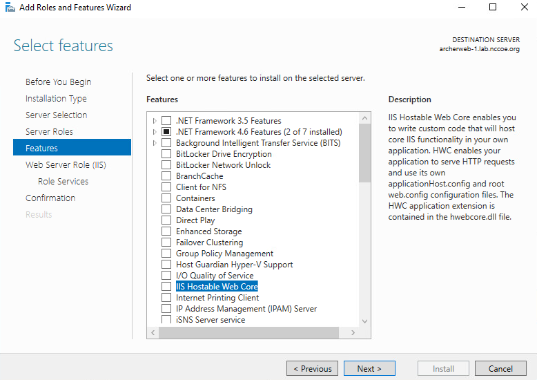 Screenshot of the "Select features" screen from the Add Roles and Features Wizard