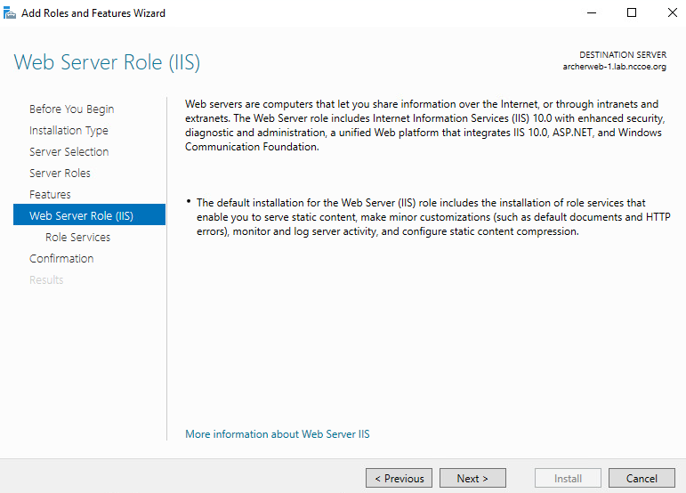 Screenshot of the "Web Server Role (IIS)" screen from the Add Roles and Features Wizard
