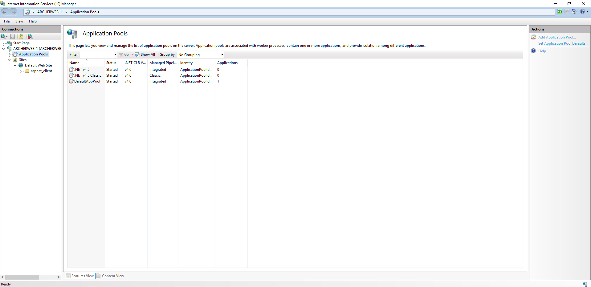 Screenshot of the Application Pools settings for ARCHERWEB-1 Home in the IIS application