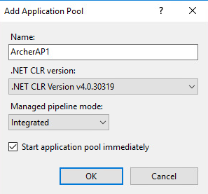 Screenshot of adding an application pool for ARCHERWEB-1 Home in the IIS application