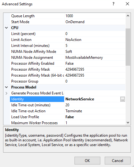 Screenshot of advanced settings for adding an application pool for ARCHERWEB-1 Home in the IIS application
