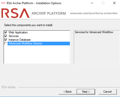 Screenshot of the installation options for the RSA Archer GRC Platform