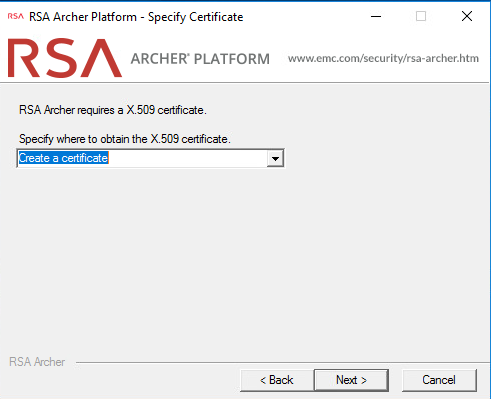 Screenshot of the "Specify a certificate" screen for the RSA Archer Platform setup