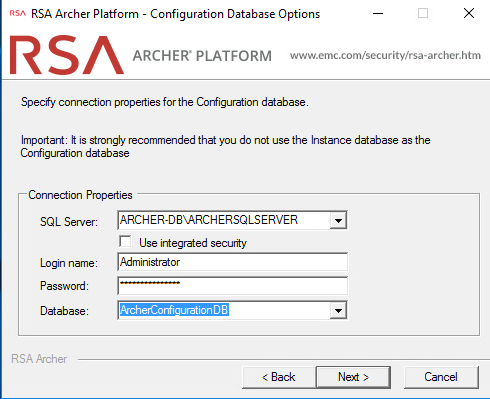 Screenshot of the "Configuration Database Options" screen for the RSA Archer Platform setup