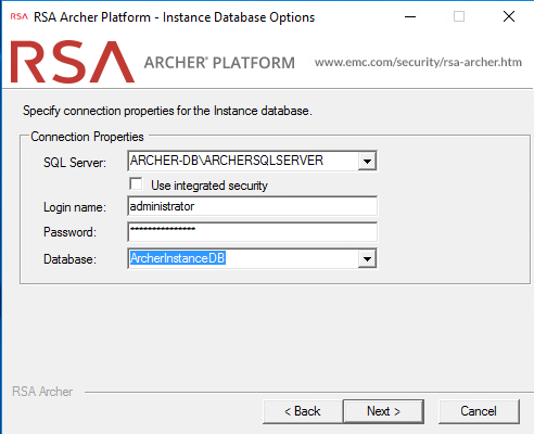 Screenshot of the "Instance database options" screen for the RSA Archer Platform setup