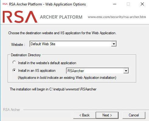Screenshot of the "Web application options" screen for the RSA Archer Platform setup