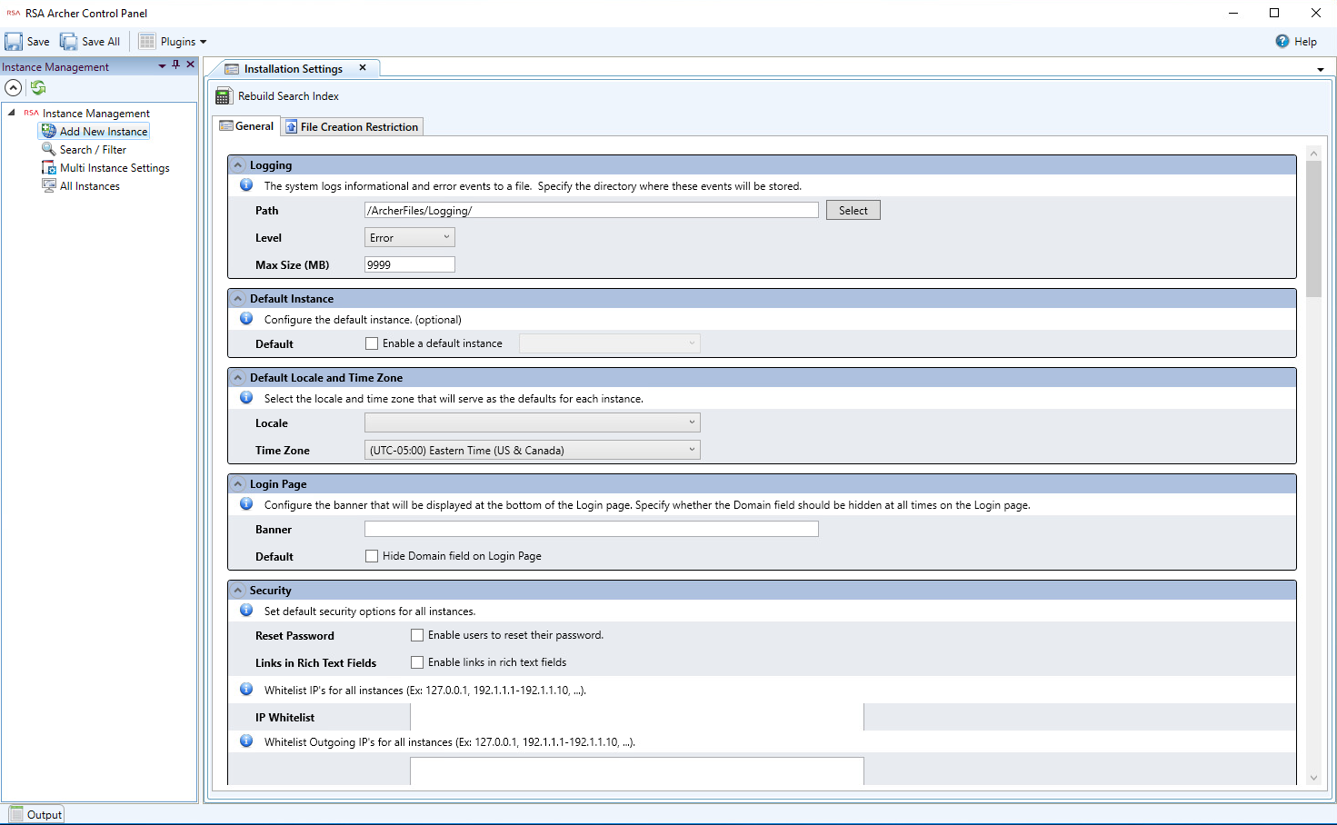 Screenshot of selecting "Add New Instance" from the RSA Control Panel