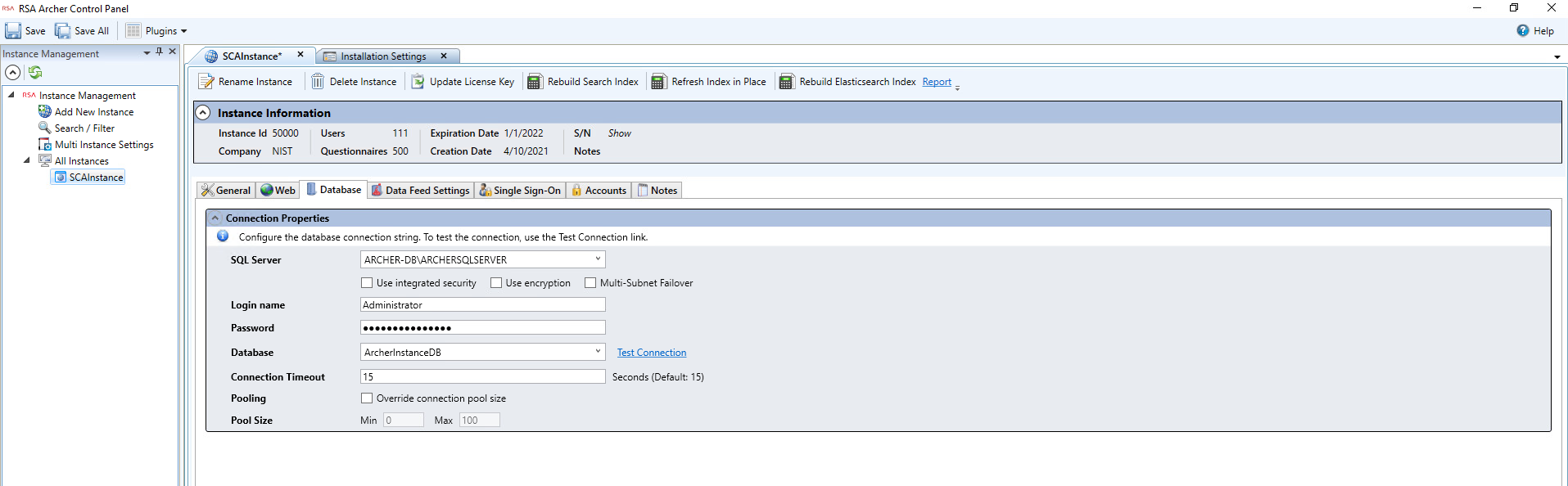 Screenshot of entering configuration settings for a new instance from the RSA Control Panel