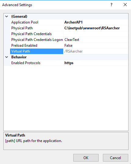 Screenshot of selecting an application pool within the advanced settings of the RSA Archer Control Panel