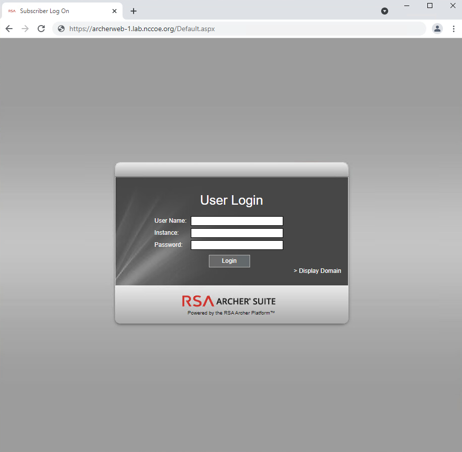 Screenshot of a web browser displaying the User Login dialog box for RSA Archer