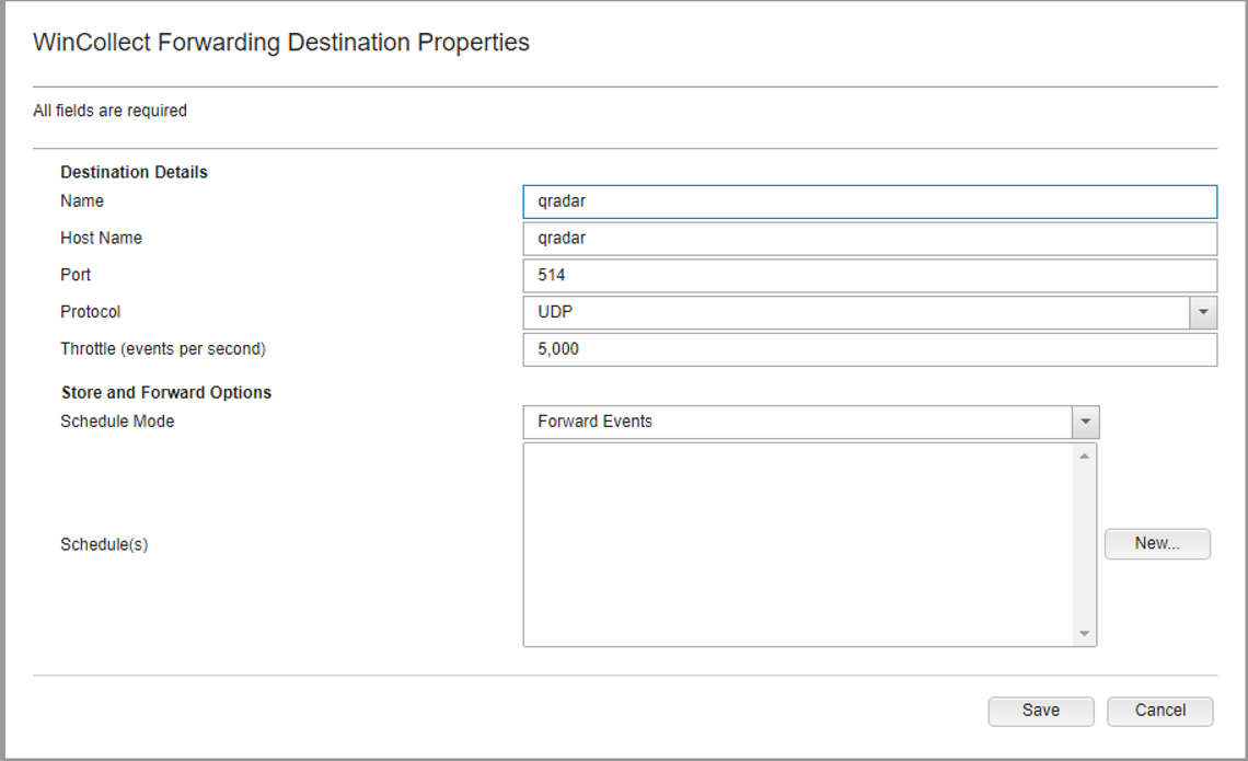 This is a screenshot showing an example of configuring the WinCollect forwarding destination properties.