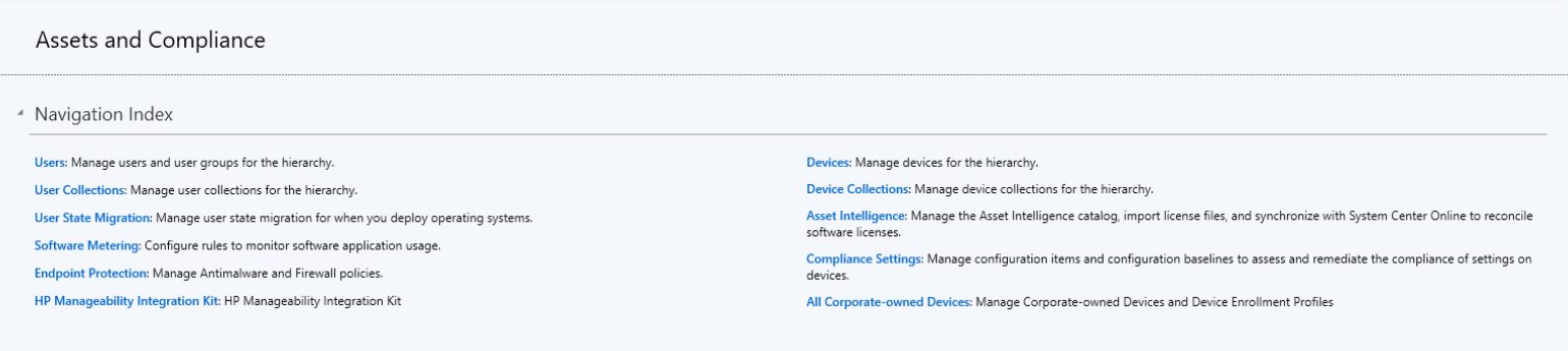 Screenshot of the Assets and Compliance part of the Microsoft Endpoint Configuration Manager console