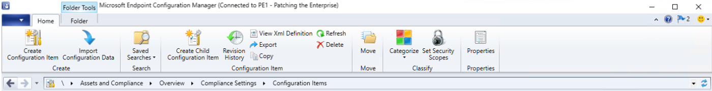 Screenshot of the Home panel from the Microsoft Endpoint Configuration Manager console