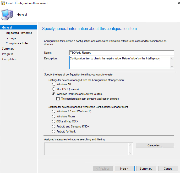 Screenshot of the General settings from the Create Configuration Item Wizard