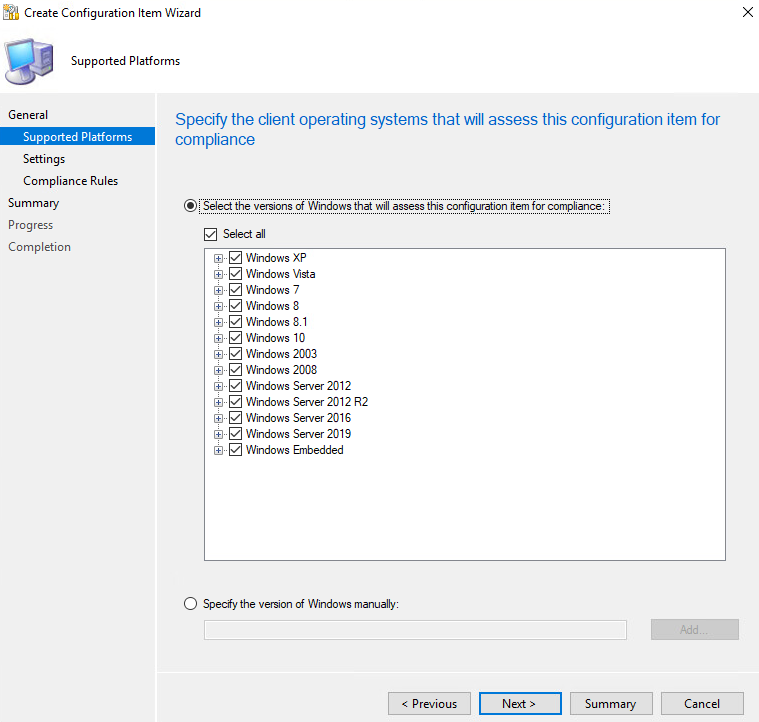 Screenshot of the Supported Platforms settings from the Create Configuration Item Wizard