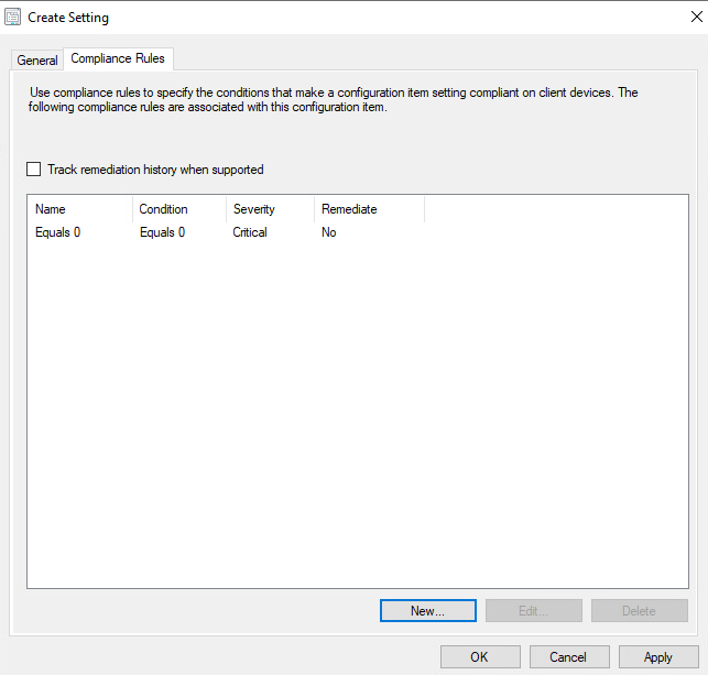 Screenshot of the Compliance Rules tab with a completed rule from the Create Configuration Item Wizard