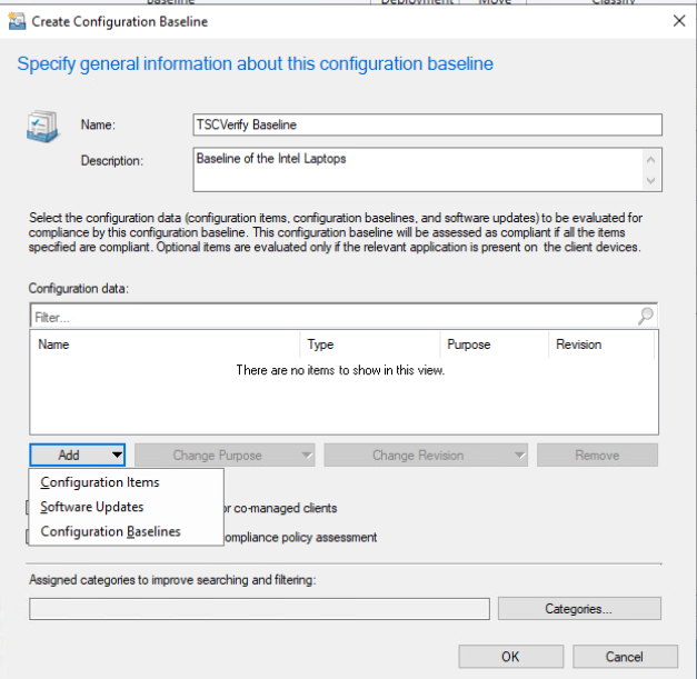 Screenshot of the "Create Configuration Baseline" screen from the Microsoft Endpoint Configuration Manager console