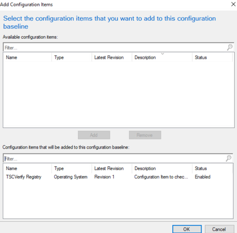 Screenshot of the "Create Configuration Baseline" screen from the Microsoft Endpoint Configuration Manager console, showing the configuration items to be added to the baseline
