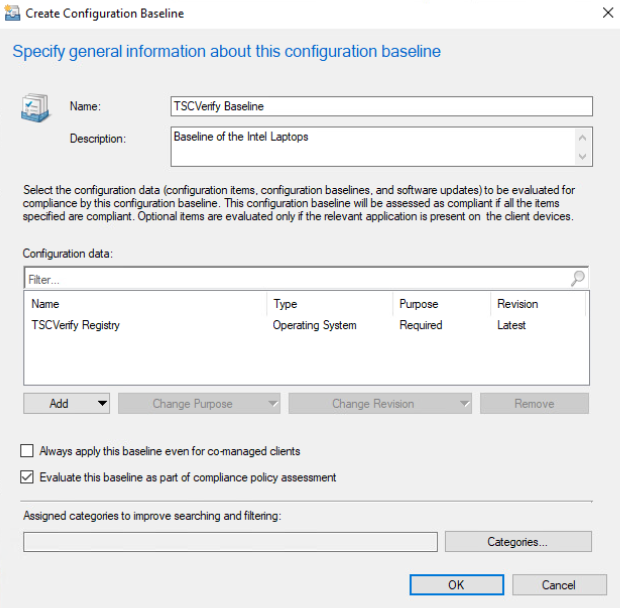 Screenshot of the completed "Create Configuration Baseline" screen from the Microsoft Endpoint Configuration Manager console
