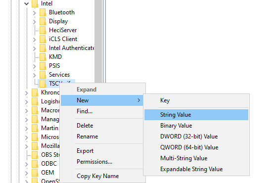 Screenshot of the TSCVerify key from the Intel folder under HKEY_LOCAL_MACHINE\SOFTWARE