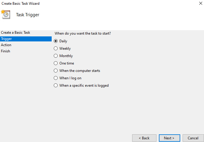 Screenshot of the Task Trigger pane from the Create Basic Task Wizard