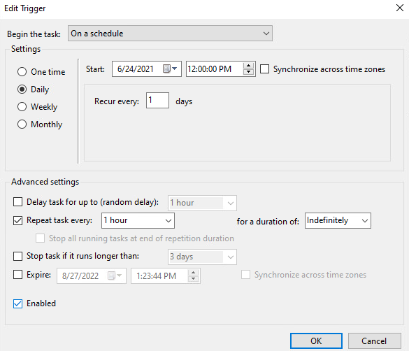 Screenshot of the Edit Trigger window for Run TSCVerify Script Properties