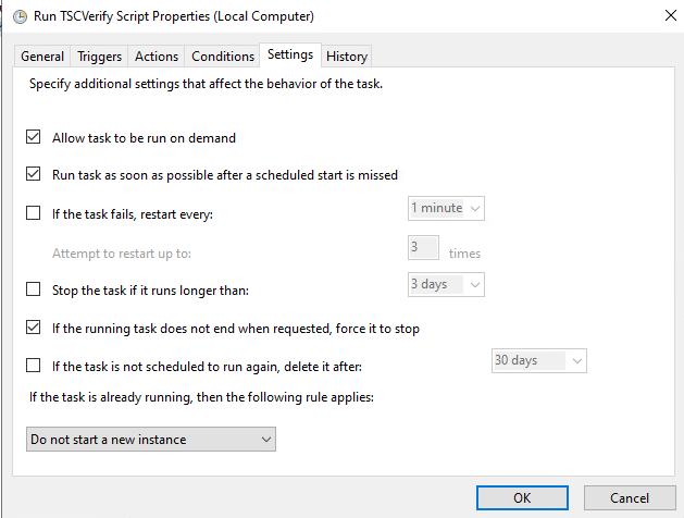 Screenshot of the Settings tab for Run TSCVerify Script Properties