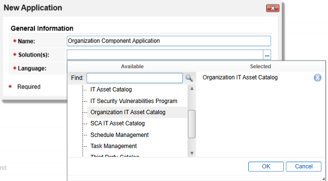 Screenshot of the Solution(s) dropdown in the New Application pane in the RSA Archer administration menu