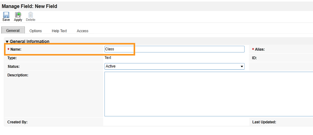 Screenshot of the Field Name set to Class in the Manage Field: New Field pane
