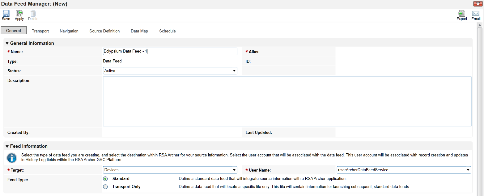 Screenshot of the General tab in the Data Feed Manager panel in the RSA Archer Administration menu
