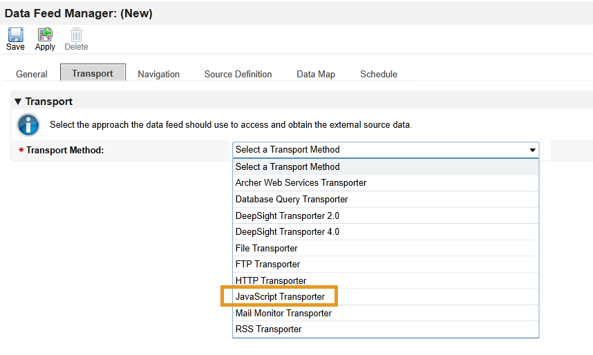 Screenshot of the Transport tab in the Data Feed Manager panel in the RSA Archer Administration menu