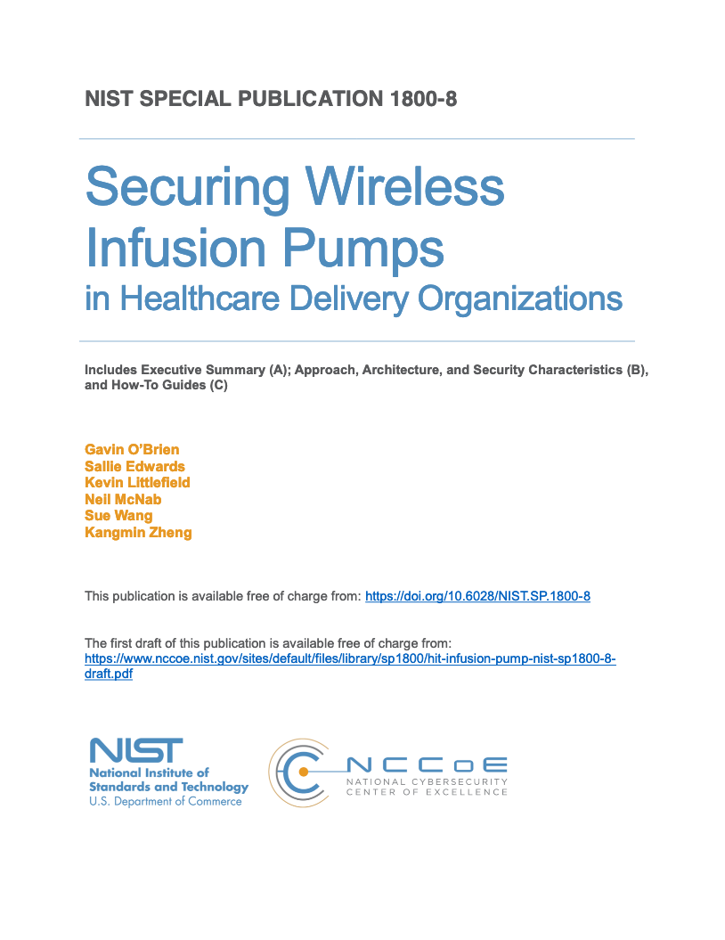 Image depicts cover of NIST Special Publication 1800-8 practice guide, Securing Wireless Infusion Pumps