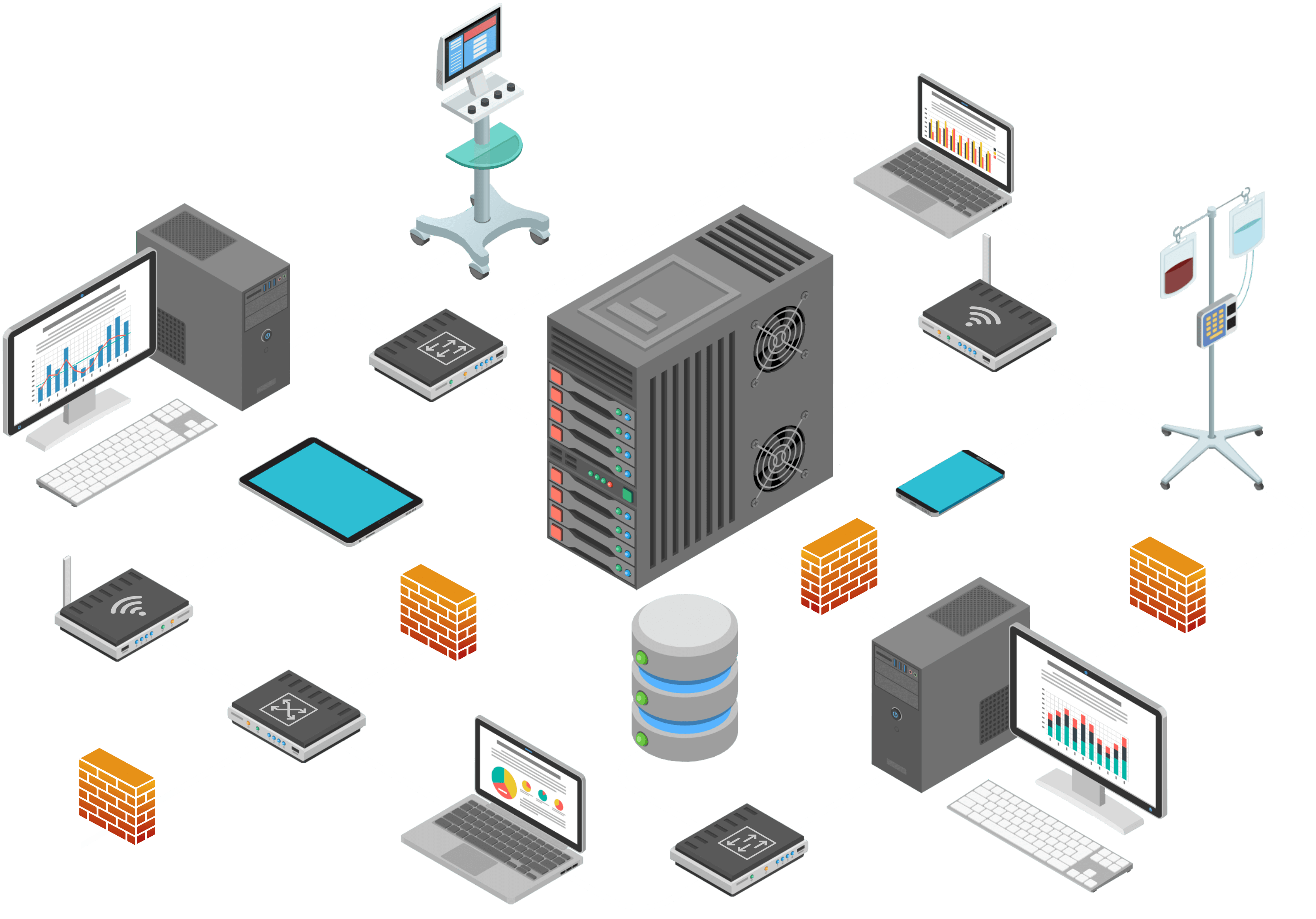 The image illustrates a representative healthcare network architecture with various components spread out throughout the hospital environment, utilizing various technologies to support healthcare functions and cybersecurity solutions.